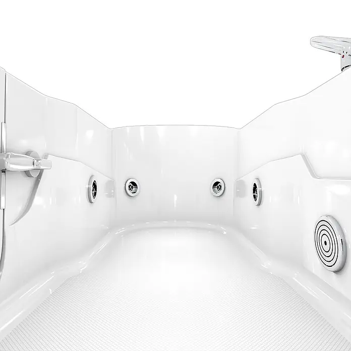 AcquaVapore Badewanne Fertigdusche S17-EH-WP-L - Acryl, Weiß - Weißer Acryl-Badewanneninnenraum mit mehreren Chromdüsen, strukturiertem rutschfesten Boden und Armatur links.