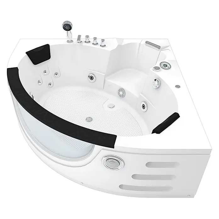 AcquaVapore Badewanne Fertigdusche W06R-TH-SC - Acryl, Weiß - Weißer Eck-Whirlpool mit schwarzen Kopfstützen, Chromdüsen und Handbrause. Rutschfester Boden für Hydrotherapie.