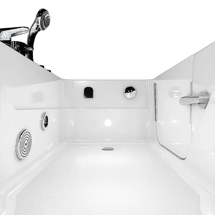AcquaVapore Badewanne Fertigdusche S17-EH-WP-L - Acryl, Weiß - Weiße barrierefreie Badewanne mit Chromarmaturen, Massagedüsen und rutschfestem Boden.