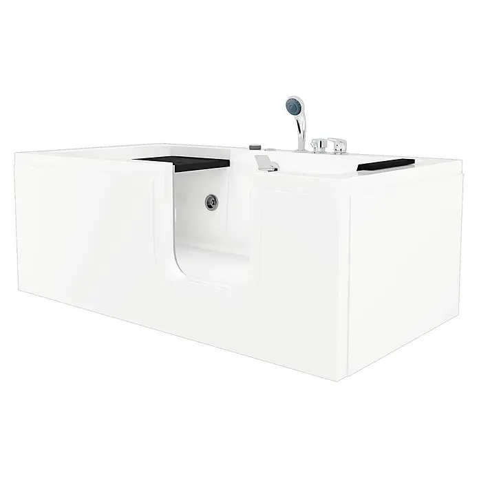 AcquaVapore Badewanne Fertigdusche S15WP-EH-R - Acryl, Weiß - Weiße begehbare Badewanne mit Einstiegstür, integrierter Brause, Armaturen und schwarzem Innensitz.