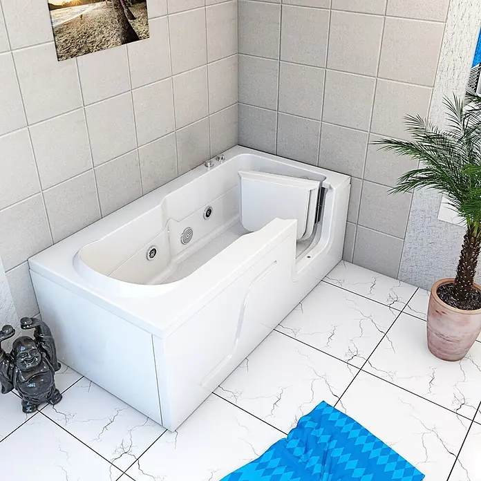 AcquaVapore Badewanne Fertigdusche S17-WP-L - 150 x 75 cm, Acryl, Weiß - Weiße begehbare Badewanne mit Seitentür und sichtbaren Düsen, in einem gefliesten Badezimmer.