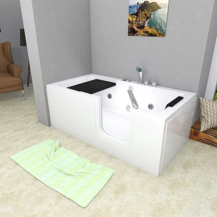 AcquaVapore Badewanne Fertigdusche S15WP-EH-R - Acryl, Weiß - Weiße Walk-in-Badewanne mit großer Einstiegstür, schwarzem Sitzbereich und Armaturen.