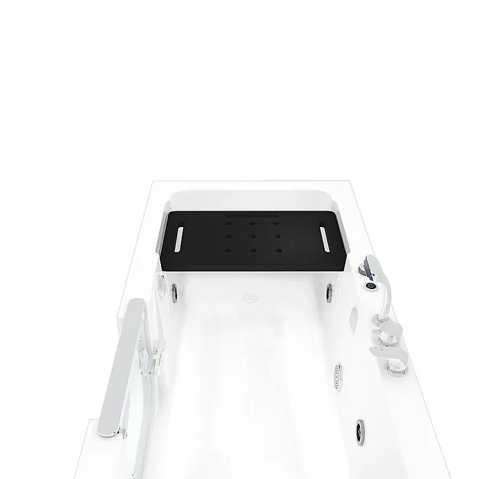 AcquaVapore Badewanne Fertigdusche S15WP-EH-R - Acryl, Weiß - Weiße barrierefreie Badewanne mit schwarzem strukturiertem Duschsitz und Chromarmaturen.