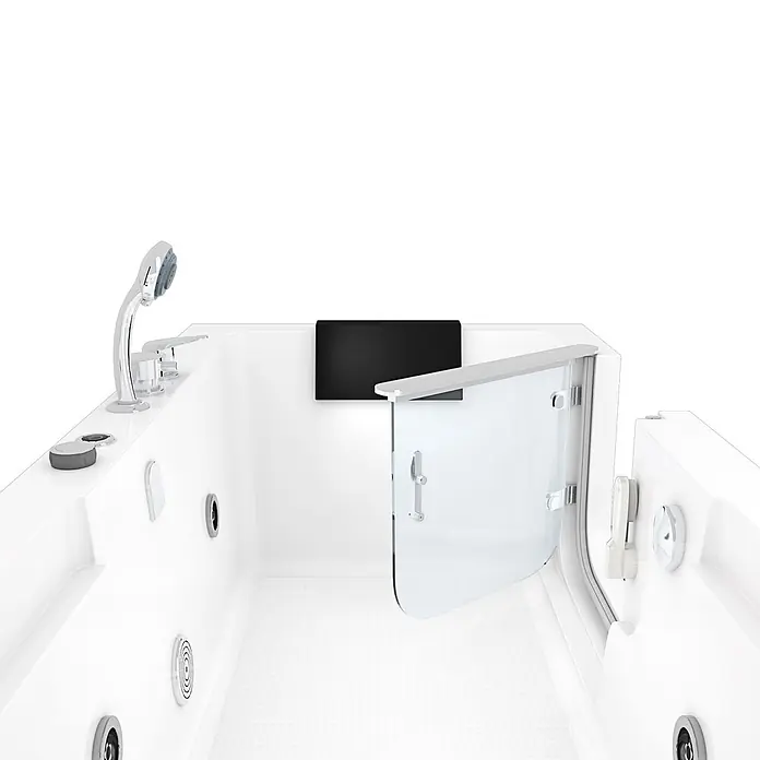 AcquaVapore Badewanne Fertigdusche S15WP-EH-R - Acryl, Weiß - Weiße begehbare Badewanne mit Glastür, schwarzer Kopfstütze, Chrom-Handbrause und Hydrotherapie-Düsen für barrierefreies Baden.
