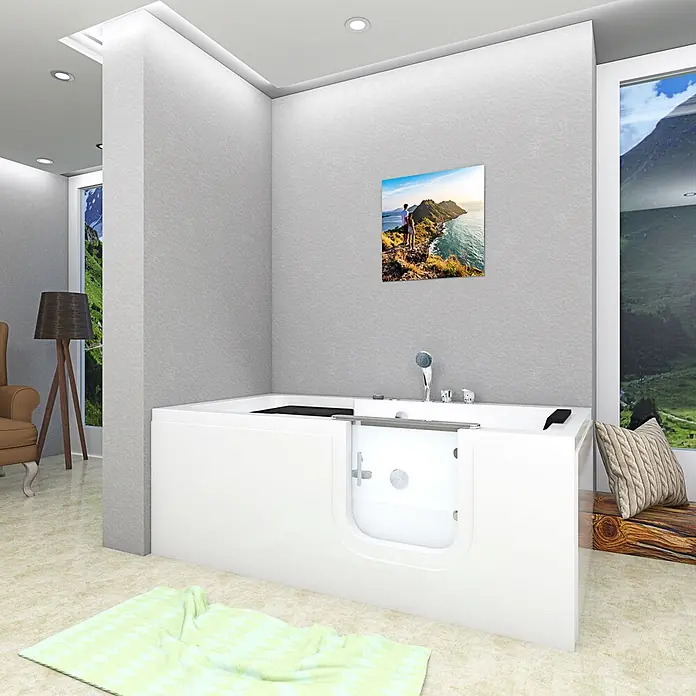 AcquaVapore Badewanne Fertigdusche S15WP-EH-R - Acryl, Weiß - Weiße Badewanne mit Einstiegstür in einem hellen, modernen Badezimmer, für einfachen Zugang.