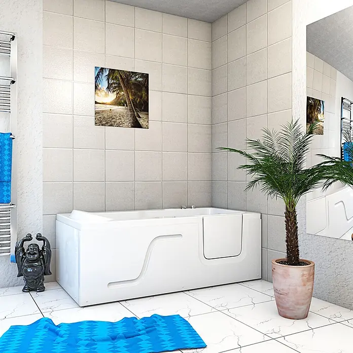 AcquaVapore Badewanne Fertigdusche S17-WP-L - 150 x 75 cm, Acryl, Weiß - Weiße barrierefreie Badewanne mit Seitentür in einem modern gefliesten Badezimmer.