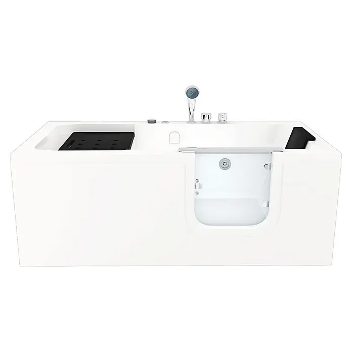 AcquaVapore Badewanne Fertigdusche S15WP-EH-R - Acryl, Weiß - Weiße barrierefreie Badewanne mit integrierter Dusche, Armaturen und schwarzen Accessoires für einfachen Einstieg.