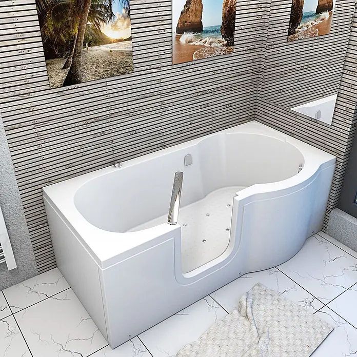 AcquaVapore Badewanne Fertigdusche S12-AIR-L - 170 x 85 cm, Acryl, Weiß - Weiße begehbare Badewanne mit leichtem Zugang, verchromtem Haltegriff und Hydrotherapie-Düsen.