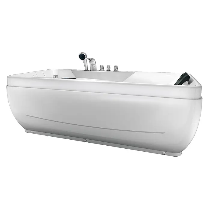 AcquaVapore Badewanne Fertigdusche W49-TH-PR-SC - Acryl, Weiß - Moderne weiße Badewanne mit Chromarmaturen, Handbrause, Bedienknöpfen und schwarzer Kopfstütze.