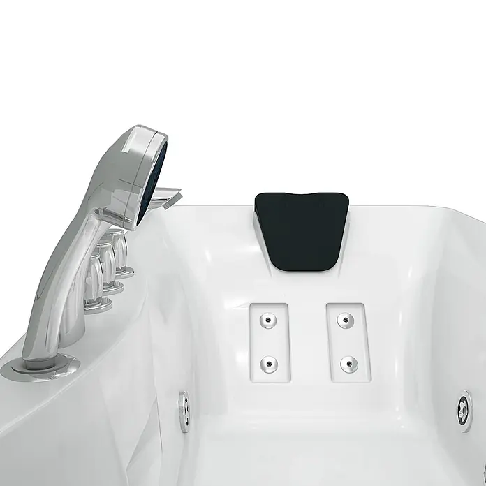 AcquaVapore Badewanne Fertigdusche W49-TH-PR-SC - Acryl, Weiß - Weiße Badewanne mit Chrom-Handbrause, Bedienknöpfen, schwarzer Kopfstütze und Düsen.