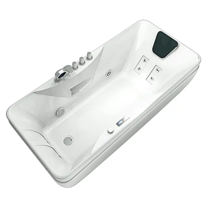AcquaVapore Badewanne Fertigdusche W49-TH-PR-SC - Acryl, Weiß - Weißer, rechteckiger Whirlpool mit integrierten Düsen, Bedienelementen und schwarzer Kopfstütze.