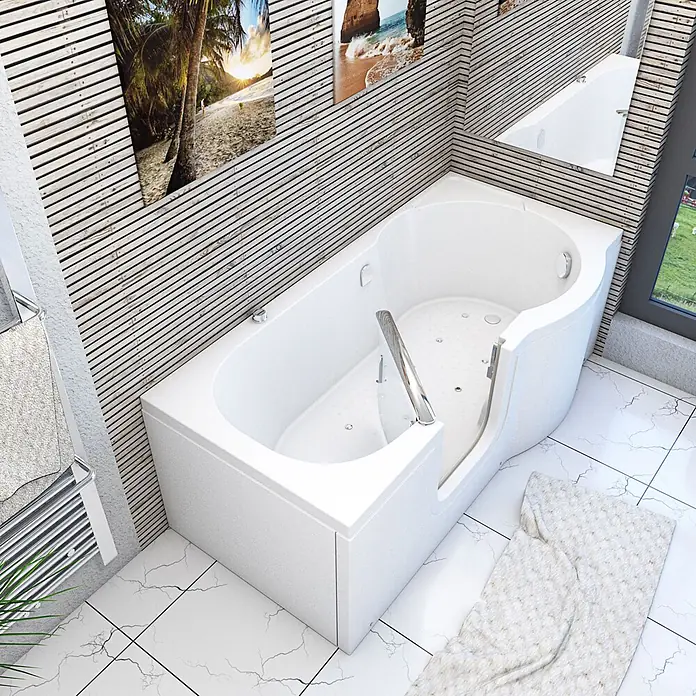 AcquaVapore Badewanne Fertigdusche S12-AIR-L - 170 x 85 cm, Acryl, Weiß - Weiße barrierefreie Badewanne mit Glastür und Chromhaltegriff, für zugängliches Baden.