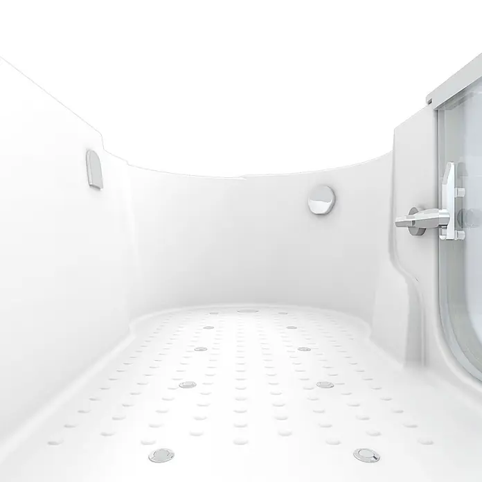 AcquaVapore Badewanne Fertigdusche S12-AIR-L - 170 x 85 cm, Acryl, Weiß - Weißes Innenleben einer begehbaren Hydrotherapie-Badewanne mit rutschfestem Boden, Massagedüsen und Glastürgriff.