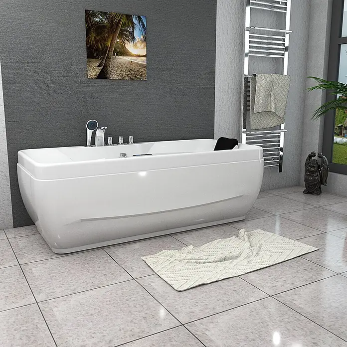 AcquaVapore Badewanne Fertigdusche W49-TH-PR-SC - Acryl, Weiß - Eine elegante weiße Badewanne mit modernen Chromarmaturen in einem zeitgenössischen gefliesten Badezimmer.