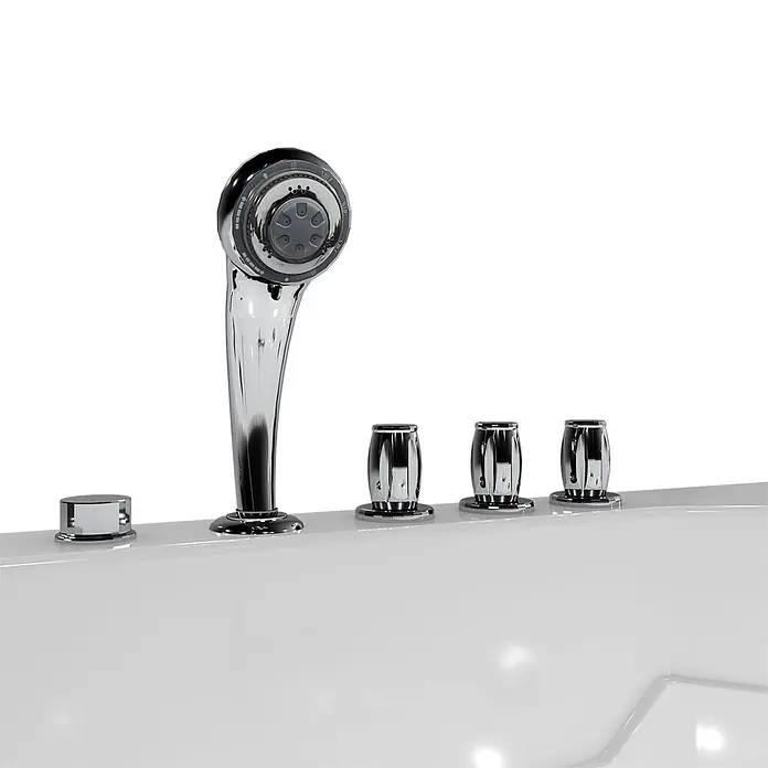 AcquaVapore Badewanne Fertigdusche S17D-TH-WP-R - 75 x 150 cm, Acryl, Weiß - Chromfarbener Handbrausekopf und drei Bedienknöpfe auf einer weißen Badewanne montiert.