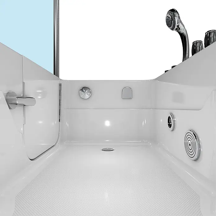 AcquaVapore Badewanne Fertigdusche S17D-TH-WP-R - 75 x 150 cm, Acryl, Weiß - Weißer begehbarer Badewanneninnenraum mit rutschfestem Boden, Brause, Bedienelementen und Düsen für ein barrierefreies Badeerlebnis.