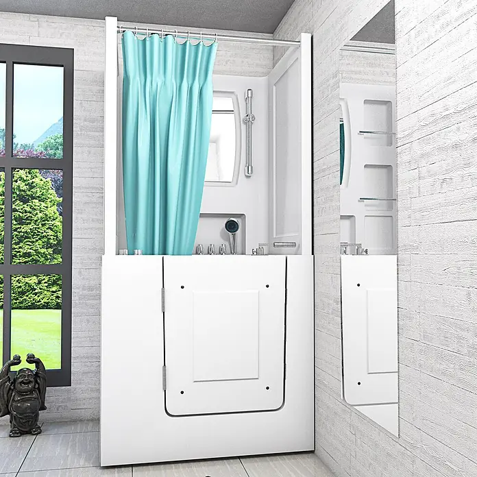 AcquaVapore Badewanne Fertigdusche S02D-WP-TH-C-L - 100 x 78 cm, Acryl, Weiß - Weiße begehbare Badewanne und Duschkombination mit einem türkisfarbenen Vorhang, konzipiert für barrierefreies Baden.