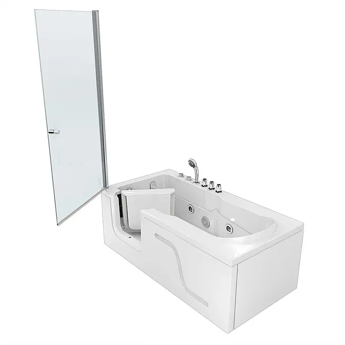 AcquaVapore Badewanne Fertigdusche S17D-TH-WP-R - 75 x 150 cm, Acryl, Weiß - Weiße begehbare Badewanne mit offener Einstiegstür, integrierter Duschbrause und Hydromassagedüsen. Eine Glasschutzwand ist teilweise geöffnet.