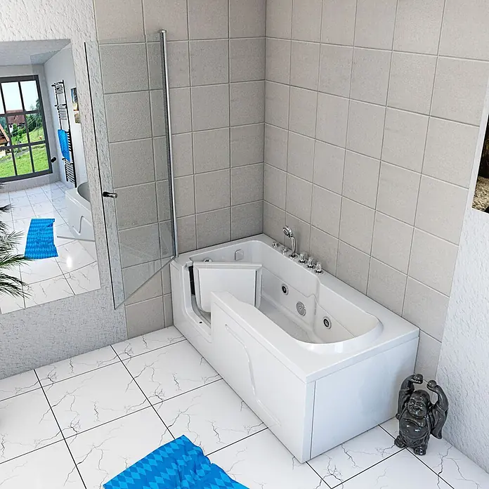 AcquaVapore Badewanne Fertigdusche S17D-TH-WP-R - 75 x 150 cm, Acryl, Weiß - Weiße barrierefreie Badewanne mit Einstiegstür und Hydromassage-Düsen, für einfachen Zugang im Badezimmer.