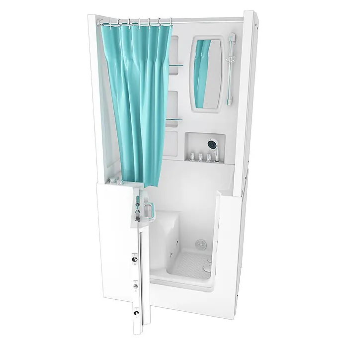 AcquaVapore Badewanne Fertigdusche S02D-WP-TH-A-L - 78 x 100 cm, Acryl, Weiß - Weiße begehbare Badewannen- und Duscheinheit mit türkisfarbenem Vorhang und zugänglicher Seitentür.
