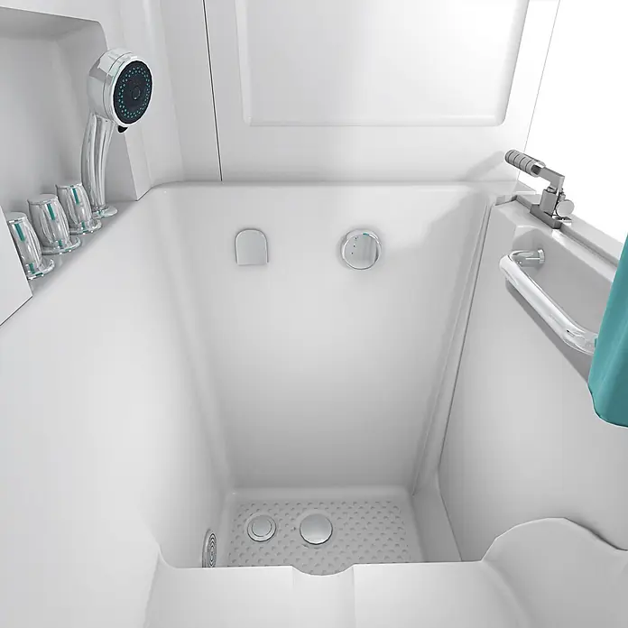 AcquaVapore Badewanne Fertigdusche S02D-WP-TH-C-L - 100 x 78 cm, Acryl, Weiß - Weiße barrierefreie Badewanne mit integriertem Sitz, Handbrause und Chrom-Haltegriff für einfachen Einstieg und sicheres Baden.