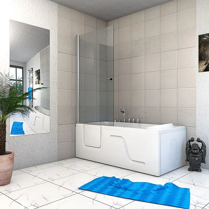 AcquaVapore Badewanne Fertigdusche S17D-TH-WP-R - 75 x 150 cm, Acryl, Weiß - Weiße begehbare Badewanne mit Duschabtrennung aus Klarglas in einem modernen Badezimmer.