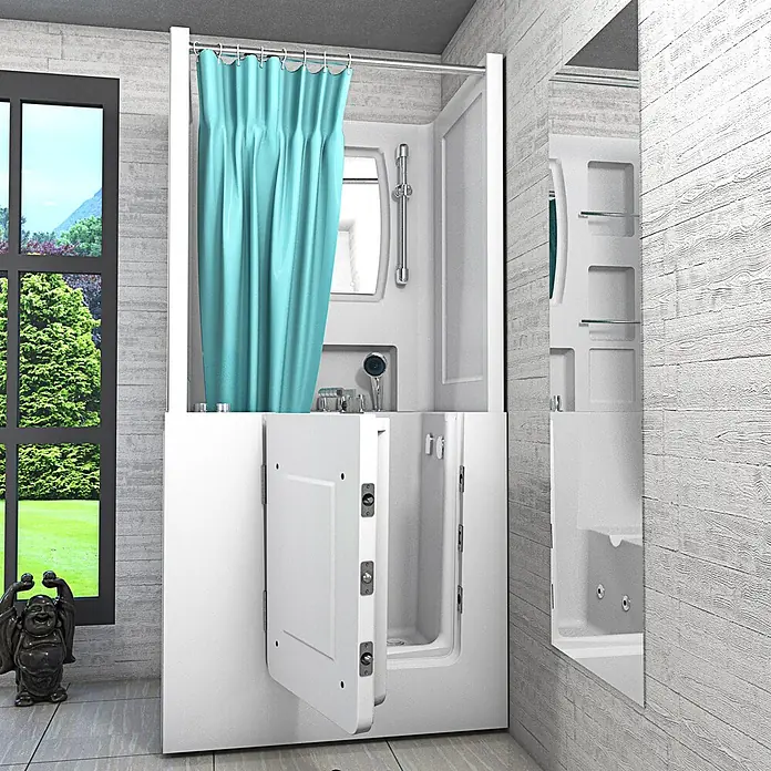 AcquaVapore Badewanne Fertigdusche S02D-WP-TH-C-L - 100 x 78 cm, Acryl, Weiß - Weiße begehbare Duschbadewanne mit offener Tür, türkisem Vorhang und barrierefreiem Design.