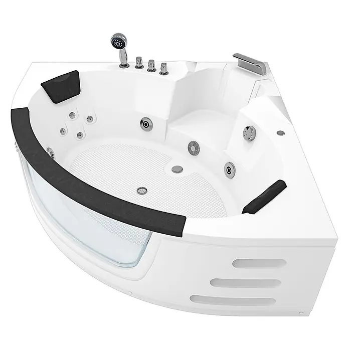 AcquaVapore Badewanne Fertigdusche W05 - Acryl, Weiß - Weiße Eck-Whirlpool-Badewanne mit schwarzen Kopfstützen, Armlehne, Chromarmaturen, Düsen und transparenter Platte.
