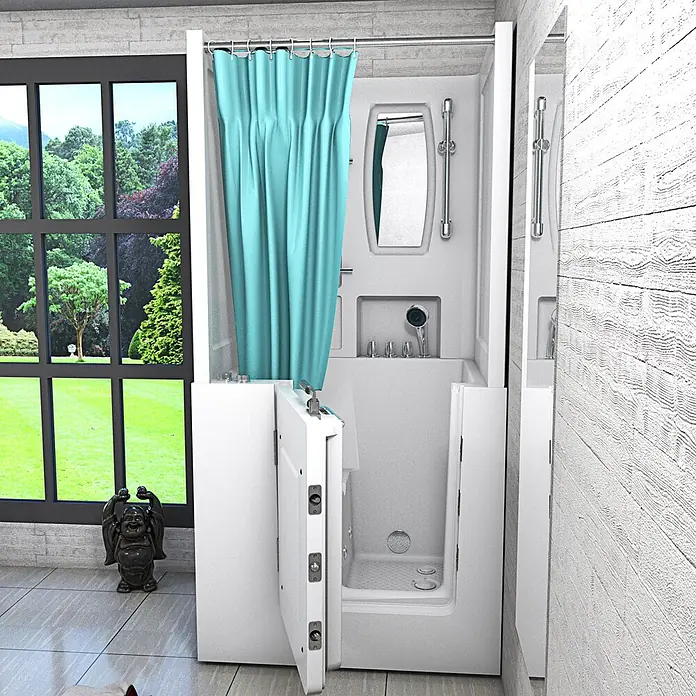 AcquaVapore Badewanne Fertigdusche S02D-WP-TH-C-L - 100 x 78 cm, Acryl, Weiß - Weiße begehbare Dusch-Badewannen-Kombination mit offener Tür und türkisem Duschvorhang, in modernem Bad mit Gartenblick.