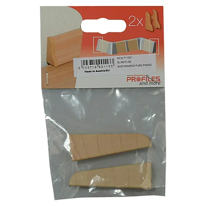 Profiles and more Endkappe FU60L - Apfel, 2 Stk. - Verpackte Holzprofile mit der Aufschrift "PROFILES and more", ideal für Modellbau und Bastelarbeiten.