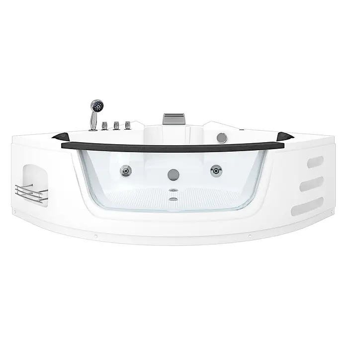 AcquaVapore Badewanne Fertigdusche W05 - Acryl, Weiß - Weißer Eck-Whirlpool mit transparenter Frontplatte, schwarzem Rand, Chromarmaturen und sichtbaren Düsen.