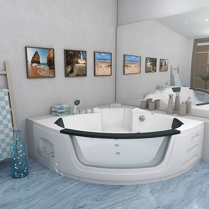 AcquaVapore Badewanne Fertigdusche W05 - Acryl, Weiß - Weiße Eckbadewanne mit klarer Glasfront und schwarzer Leiste in einem modernen Badezimmer.