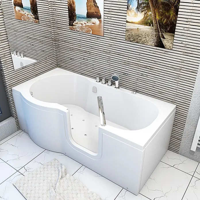 AcquaVapore Badewanne Fertigdusche S12-TH-AIR-R - 85 x 170 cm, Acryl, Weiß - Weiße, barrierefreie begehbare Badewanne mit Haltegriff und Massagedüsen, in modernem Badezimmerambiente.
