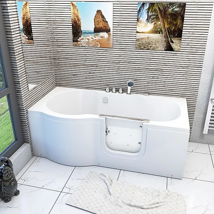 AcquaVapore Badewanne Fertigdusche S12-TH-AIR-R - 85 x 170 cm, Acryl, Weiß - Weiße barrierefreie Badewanne mit Seitentür und Duscharmatur.