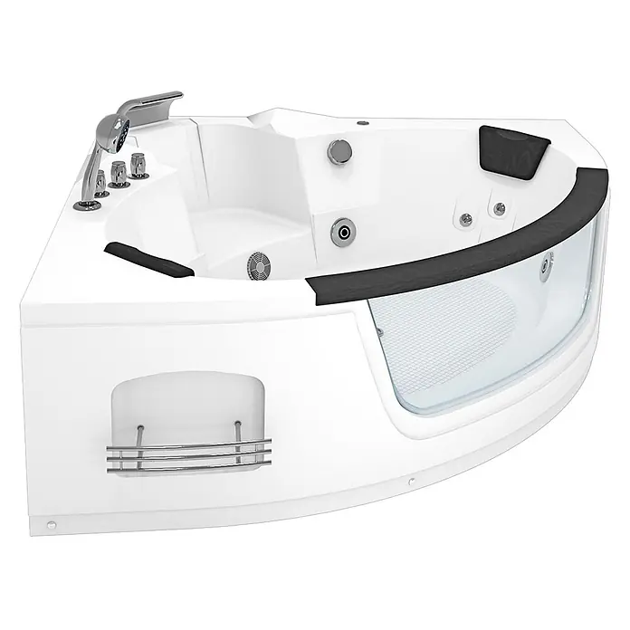 AcquaVapore Badewanne Fertigdusche W05 - Acryl, Weiß - Weiße Eck-Whirlpool-Badewanne mit Chromarmaturen, schwarzer Kopfstütze, Armlehne und Glasplatte.