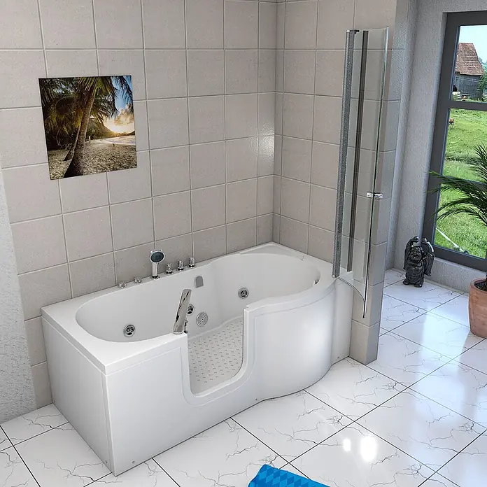 AcquaVapore Badewanne Fertigdusche S12D-TH-WP-L-EC - 170 x 85 cm, Acryl, Weiß - Weiße barrierefreie Badewanne mit integrierter Duschabtrennung, für einfachen Einstieg in einem modernen Badezimmer.