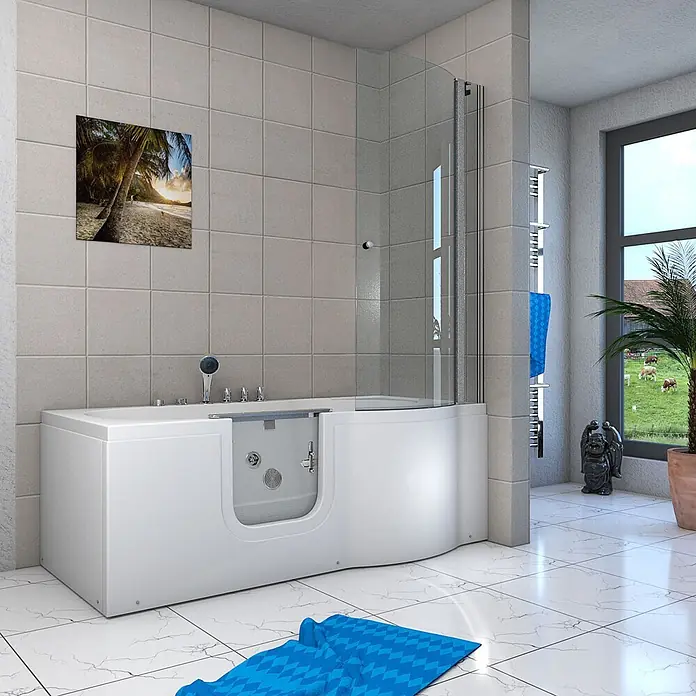 AcquaVapore Badewanne Fertigdusche S12D-TH-WP-L-EC - 170 x 85 cm, Acryl, Weiß - Weiße begehbare Badewanne mit integrierter Glasduschwand in einem gefliesten Badezimmer.