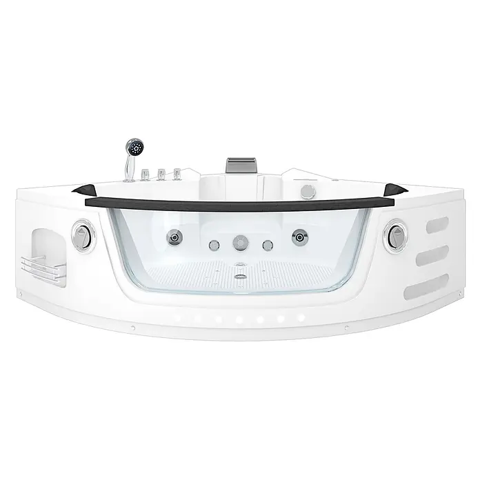 AcquaVapore Badewanne Fertigdusche W05H-TH-SC - Acryl, Weiß - Weißer Eck-Whirlpool mit transparenter Frontplatte, schwarzer Zierleiste, Chromarmaturen und integrierter Beleuchtung.