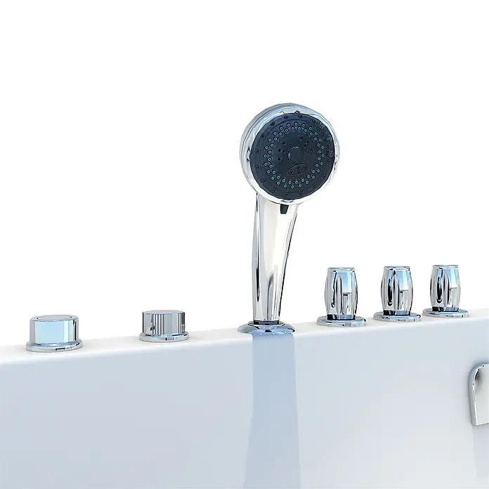 AcquaVapore Badewanne Fertigdusche S12D-TH-WP-L-EC - 170 x 85 cm, Acryl, Weiß - Verchromte Handbrause und passende Bedienknöpfe, auf einem weißen Wannenrand montiert.