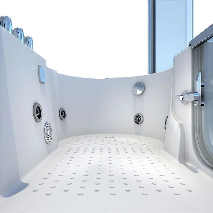 AcquaVapore Badewanne Fertigdusche S12D-TH-WP-L-EC - 170 x 85 cm, Acryl, Weiß - Weißer begehbarer Badewanneninnenraum mit rutschfestem Boden, mehreren Düsen und einem Chrom-Türgriff.