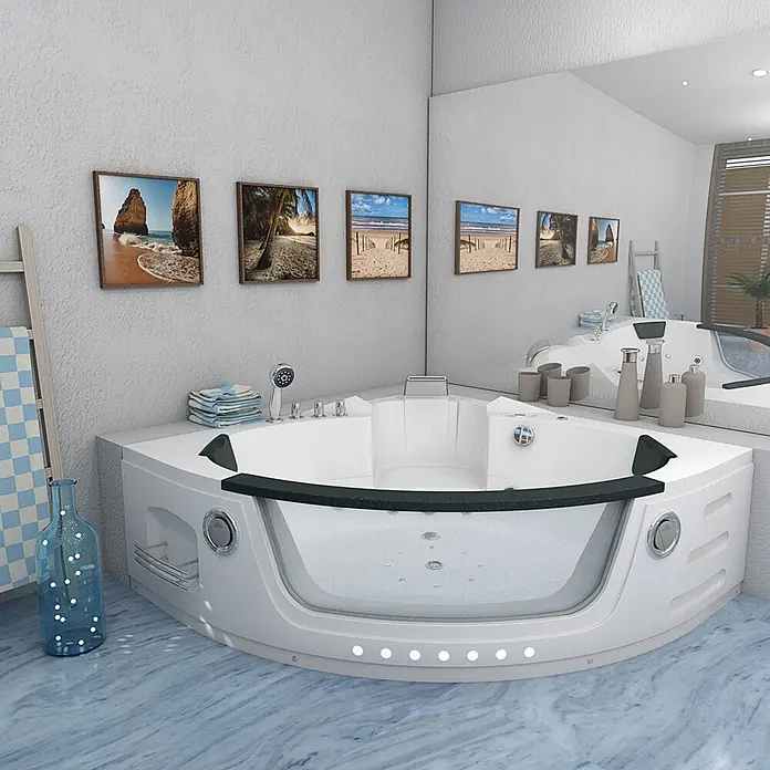 AcquaVapore Badewanne Fertigdusche W05H-TH-SC - Acryl, Weiß - Weiße Eck-Whirlpool-Badewanne mit klarer Glasfront, dunkelgrauen Akzenten und Chromarmaturen in einem modernen Bad.