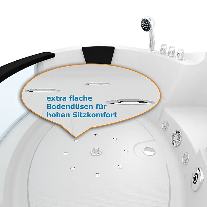 AcquaVapore Badewanne Fertigdusche W05H-TH-SC - Acryl, Weiß - Weißer Whirlpool mit extra flachen Bodendüsen für hohen Sitzkomfort, Chrombrause und Bedienelementen.