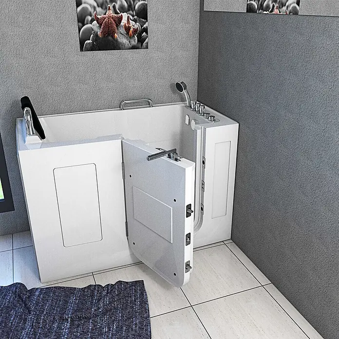 AcquaVapore Badewanne Fertigdusche S07WP-TH-C-L - 140 x 76 cm, Acryl, Weiß - Weiße barrierefreie Badewanne mit geöffneter Seitentür in einem modernen Badezimmer.