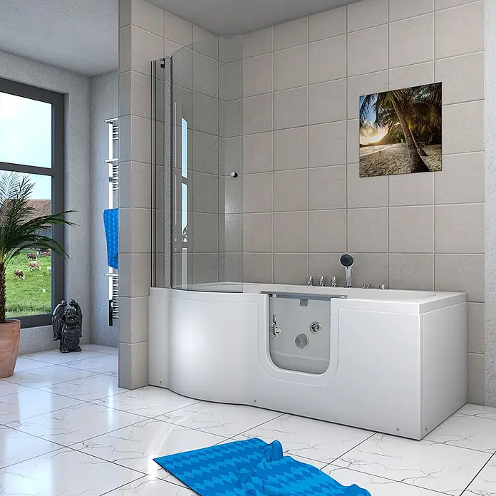 AcquaVapore Badewanne Fertigdusche S12D-TH-WP-R-EC - 85 x 170 cm, Acryl, Weiß - Weiße barrierefreie Badewanne mit integrierter Duschwand für modernes Badezimmer.