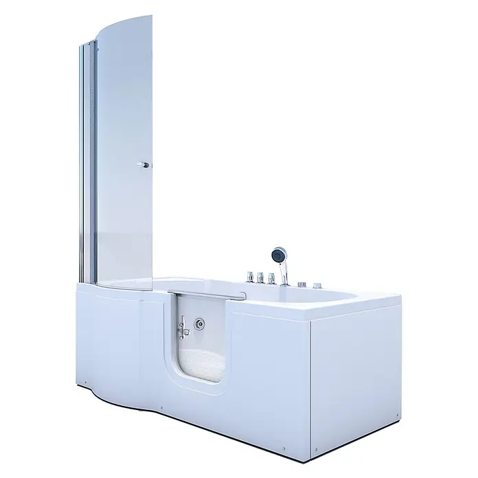 AcquaVapore Badewanne Fertigdusche S12D-TH-WP-R-EC - 85 x 170 cm, Acryl, Weiß - Weiße begehbare Badewanne mit Duschabtrennung aus Klarglas und Chromarmaturen.