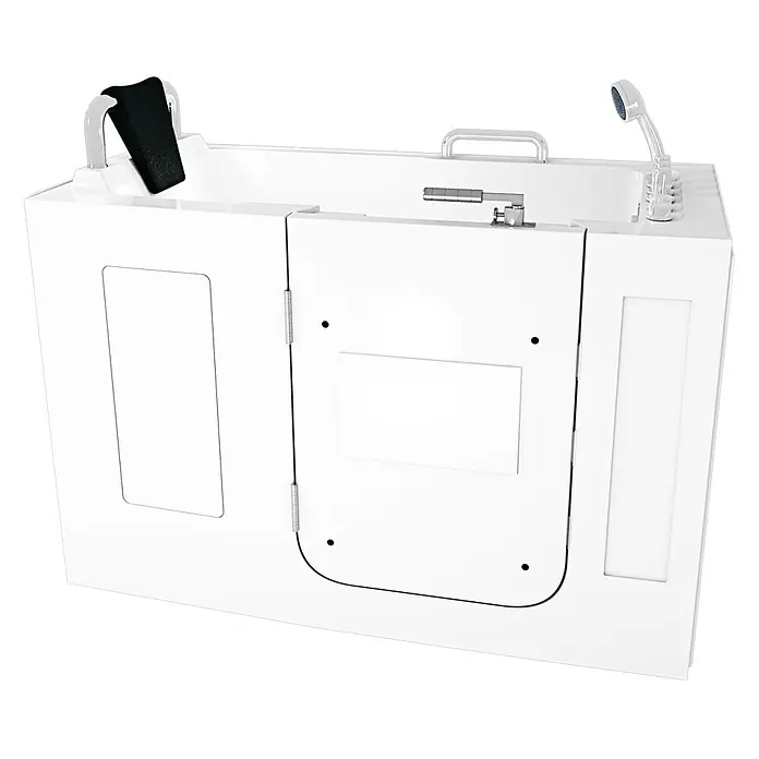 AcquaVapore Badewanne Fertigdusche S07WP-TH-C-L - 140 x 76 cm, Acryl, Weiß - Weiße barrierefreie Badewanne mit Seitentür, Chromgriffen, Armatur, Handbrause und schwarzer Kopfstütze.