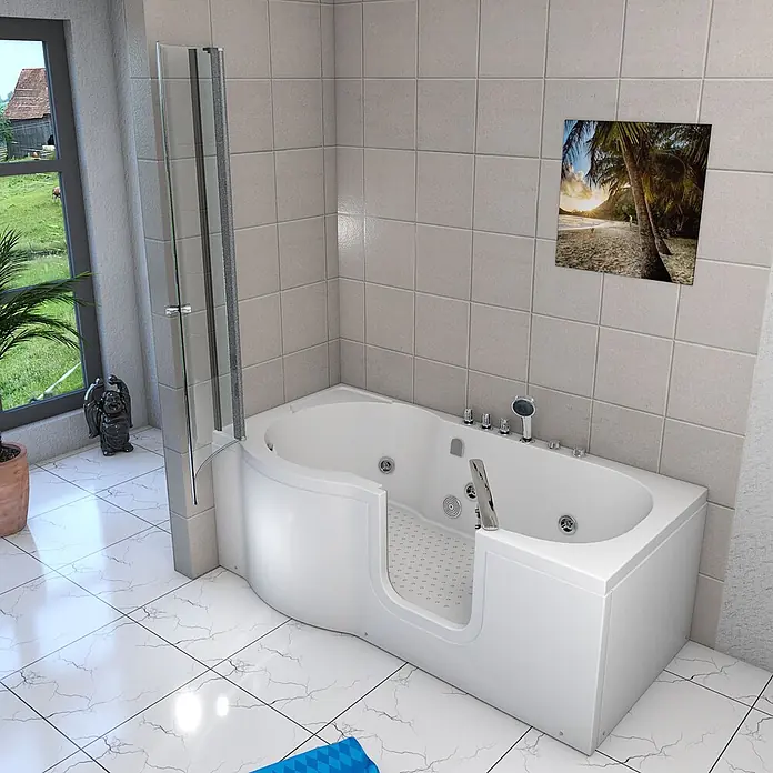 AcquaVapore Badewanne Fertigdusche S12D-TH-WP-R-EC - 85 x 170 cm, Acryl, Weiß - Weiße begehbare Badewanne mit Glasduschabtrennung in einem gefliesten Badezimmer. Mit niedrigem Einstieg und integrierten Düsen.