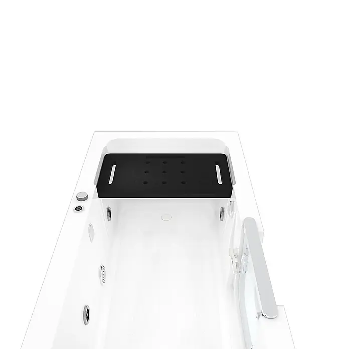 AcquaVapore Badewanne Fertigdusche S15WP-L - 150 x 75 cm, Acryl, Weiß - Weiße begehbare Badewanne mit schwarzer rutschfester Sitzfläche und Chromarmaturen, für barrierefreies Baden.