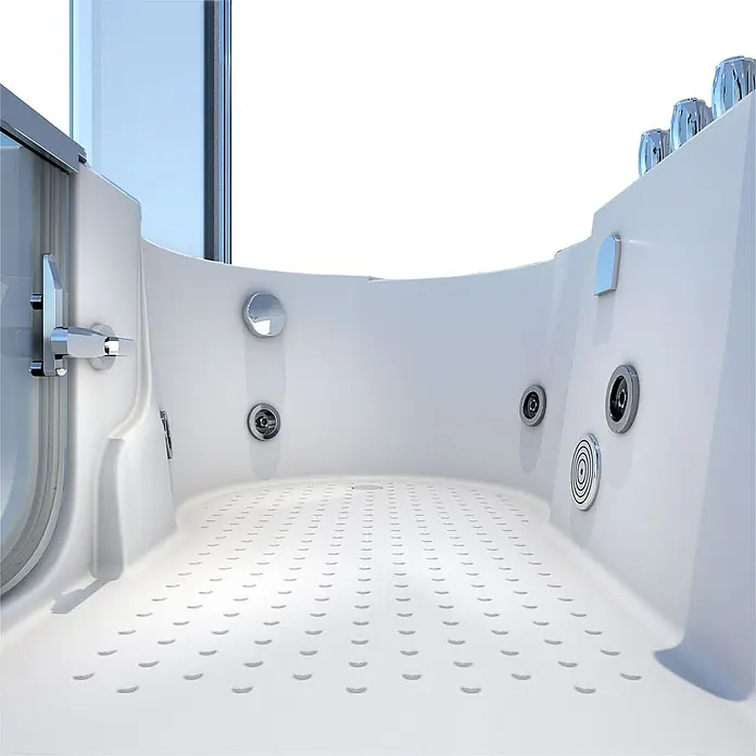 AcquaVapore Badewanne Fertigdusche S12D-TH-WP-R-EC - 85 x 170 cm, Acryl, Weiß - Weißer Dusch-/Wanneninnenraum mit strukturiertem, rutschfestem Boden, Chromdüsen, -armaturen und Glasscheibe.