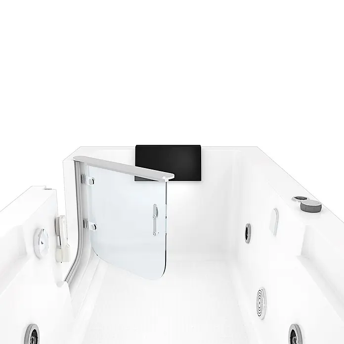 AcquaVapore Badewanne Fertigdusche S15WP-L - 150 x 75 cm, Acryl, Weiß - Weiße begehbare Badewanne mit offener Glastür, schwarzer Kopfstütze und Chrom-Düsen/Bedienelementen, für einfachen Zugang.